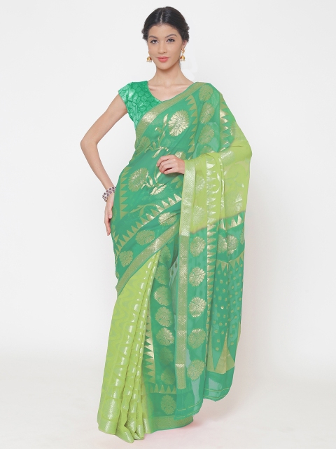 

Chhabra 555 Green Poly Georgette Woven Design Leheriya Saree