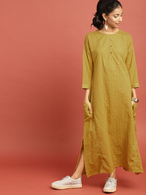 

Taavi Women Green South Cotton Woven Legacy A-Line Striped Sustainable Kurta with Pockets