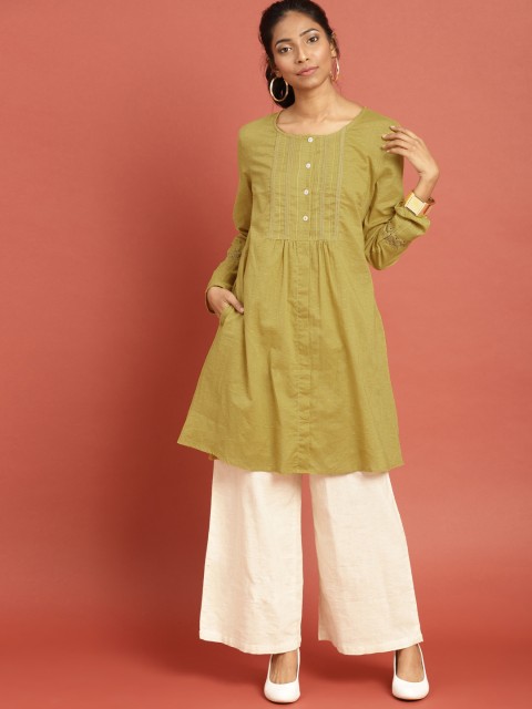 

Taavi Women Olive Green South Cotton Woven Legacy Sustainable Kurti