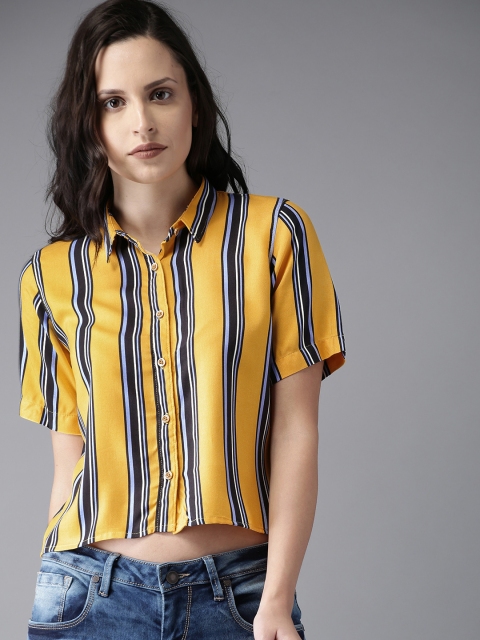 

Moda Rapido Women Yellow & Navy Regular Fit Striped Casual Crop Shirt