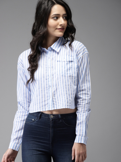 

Moda Rapido Women White & Blue Regular Fit Striped Casual Crop Shirt