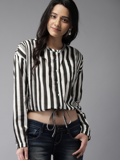 

Moda Rapido Women Black Striped Shirt Style Pure Cotton Top