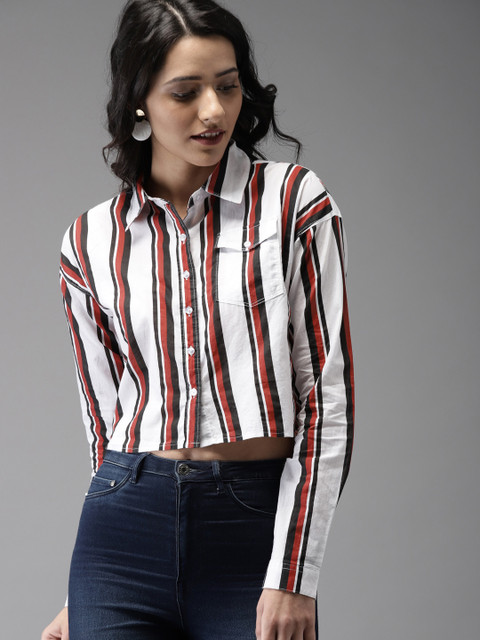 

Moda Rapido Women White & Red Regular Fit Striped Casual Crop Shirt