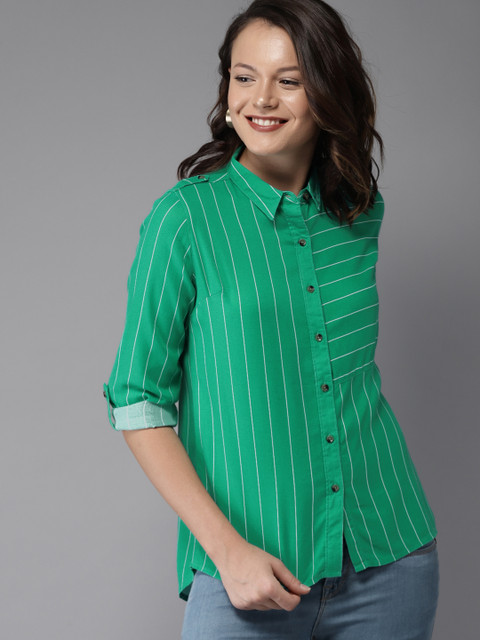 

HERE&NOW Women Green Regular Fit Striped Casual Shirt