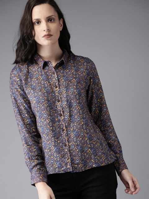 

Moda Rapido Women Navy & Mustard Yellow Regular Fit Printed Casual Shirt Style Top, Navy blue