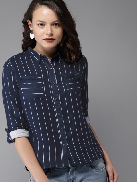 

HERE&NOW Women Navy Blue Regular Fit Striped Casual Shirt