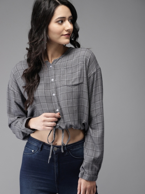 

Moda Rapido Women Grey & Off-White Checked Shirt Style Crop Top