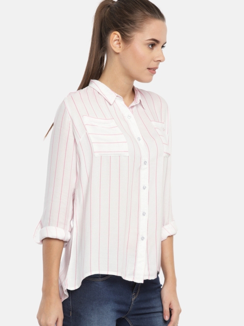 

HERE&NOW Women White & Pink Regular Fit Striped Casual Shirt