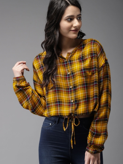 

Moda Rapido Women Mustard Yellow & Navy Checked Shirt Style Top