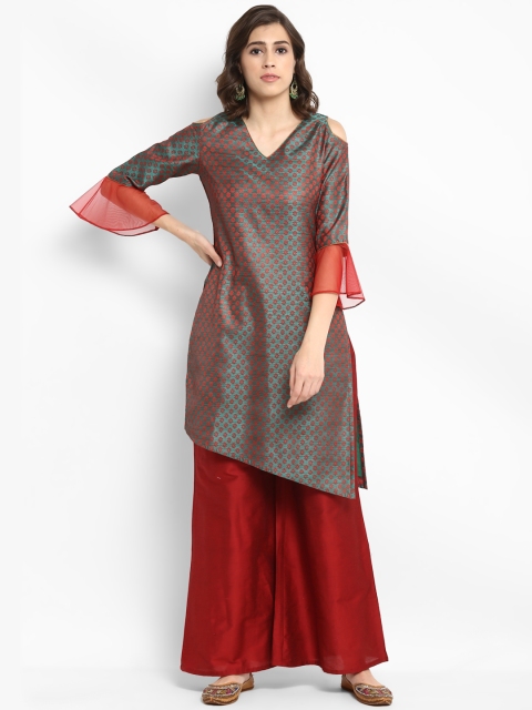 

Abhishti Women Green Woven Design A-Line Kurta