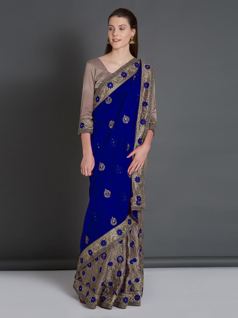 

Mitera Navy Blue & Beige Poly Georgette Half & Half Embroidered Saree