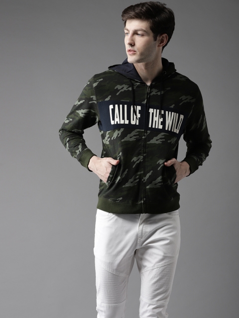 

Flying Machine Men Olive Green & Navy Blue Camouflage Print Hooded Sweatshirt