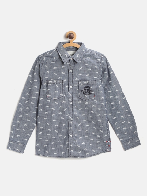 

Pepe Jeans Boys Navy Blue & White Cotton Printed Casual Shirt