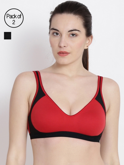 

ABELINO Pack of 2 Solid Non-Wired Non Padded Sports Bra COM5130REDBLACK, Red
