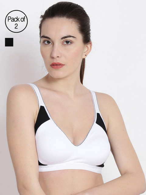 

ABELINO Pack of 2 Solid Non-Wired Non Padded Sports Bra COM5130WHITEBLACK, White