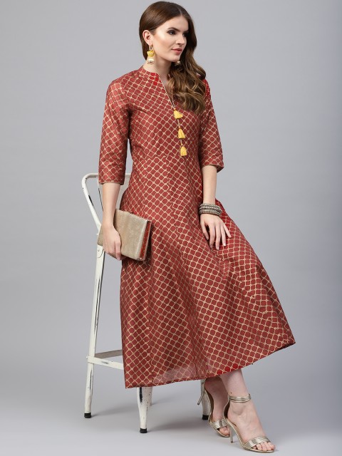 

Juniper Women Maroon & Golden Printed Maxi Dress