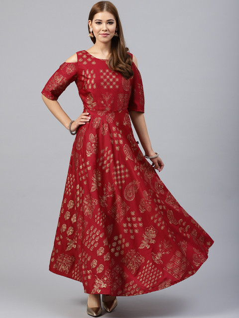 

Juniper Women Maroon & Golden Printed Maxi Dress