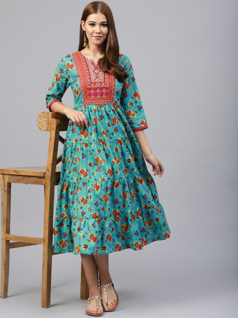 

Juniper Women Green Floral Print Tiered Midi A-Line Dress