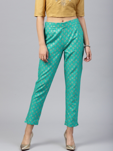 

Juniper Women Turquoise Blue & Golden Printed Cropped Cigarette Trousers