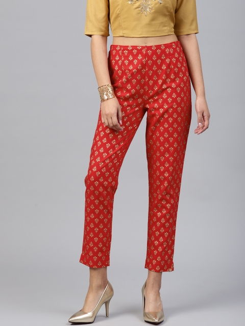 

Juniper Women Red & Golden Printed Cropped Cigarette Trousers