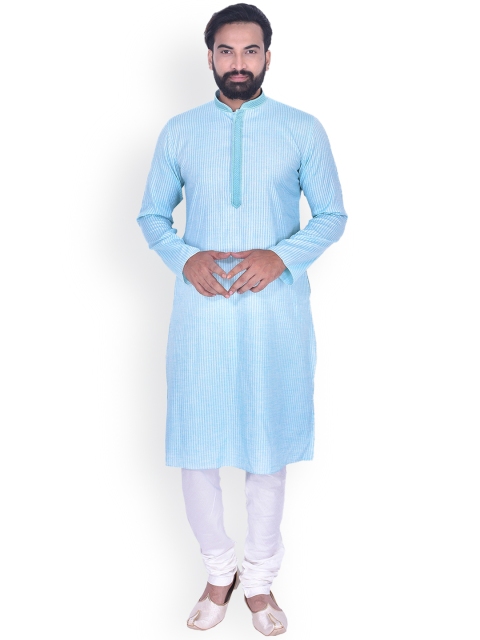 

Manyavar Men Blue & White Striped Kurta with Churidar