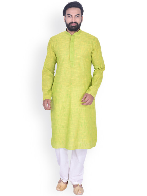 

Manyavar Men Lime Green & White Self Design Kurta with Pyjamas