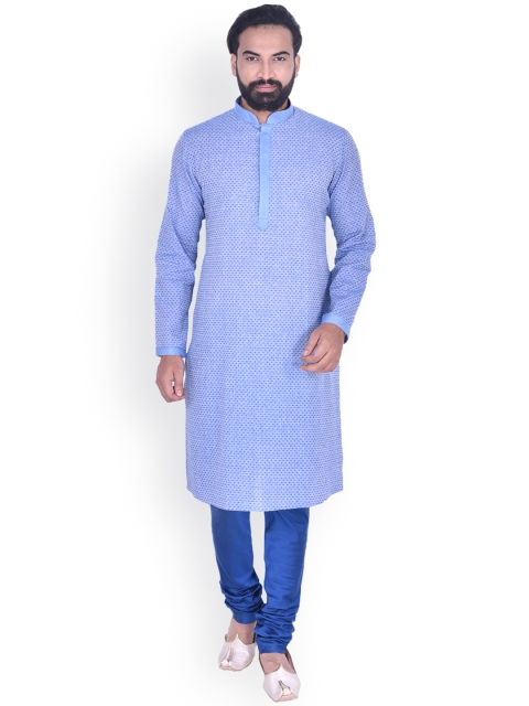 

Manyavar Men Blue Self Design Kurta with Churidar