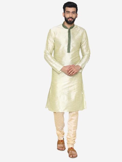 

Manyavar Men Cream-Coloured & Green Solid Kurta with Churidar
