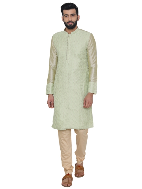 

Manyavar Men Green & Peach-Coloured Self Design Kurta with Churidar