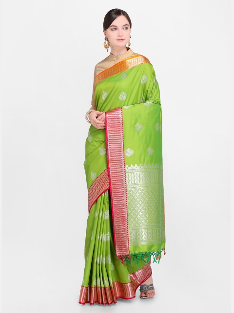 

Varkala Silk Sarees Green & Orange Silk Blend Woven Design Banarasi Saree