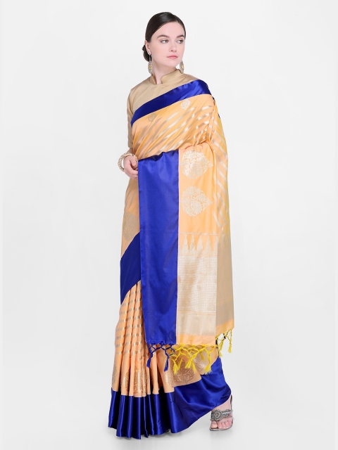 

Varkala Silk Sarees Peach-Coloured & Blue Silk Blend Woven Design Kanjeevaram Saree