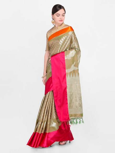 

Varkala Silk Sarees Khaki & Pink Silk Blend Woven Design Kanjeevaram Saree