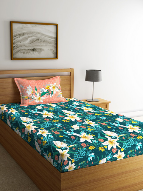 

Portico New York Green & Beige Floral Flat 144 TC Cotton Bedsheet with 1 Pillow Covers