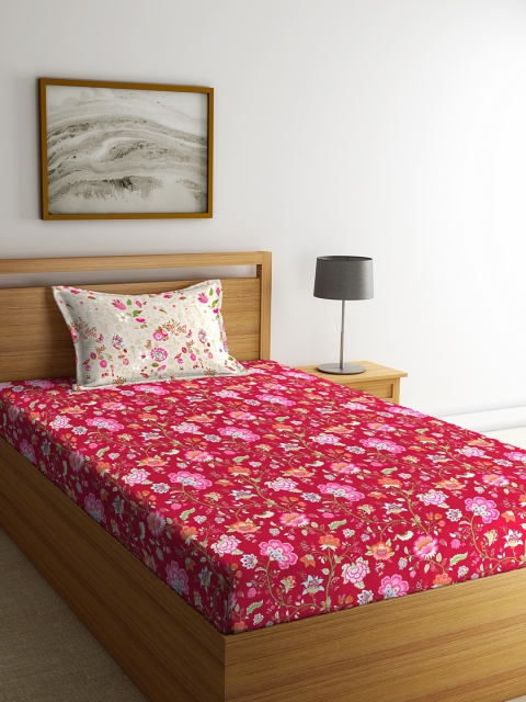 

Portico New York Red Floral Flat 144 TC Cotton 1 Single Bedsheet with 2 Pillow Covers