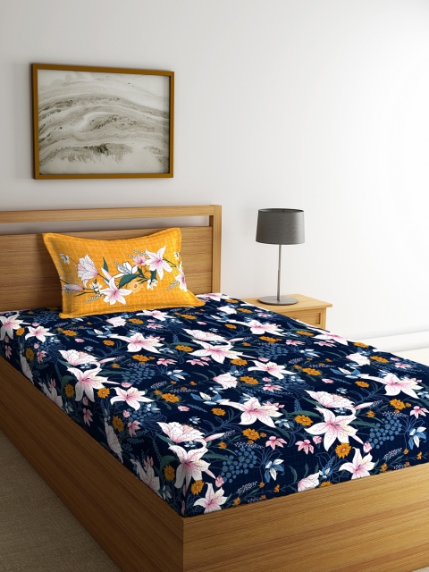

Portico New York Navy Blue Floral Flat 144 TC Cotton 1 Single Bedsheet with 1 Pillow Cover