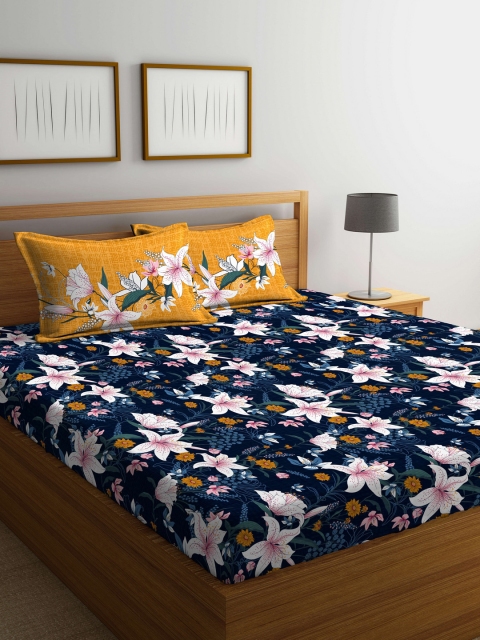 

Portico New York Navy Blue Floral Flat 144 TC Cotton 1 Queen Bedsheet with 2 Pillow Covers