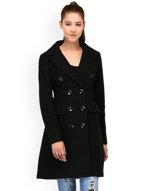 

Owncraft Black Solid Double-Breasted Overcoat
