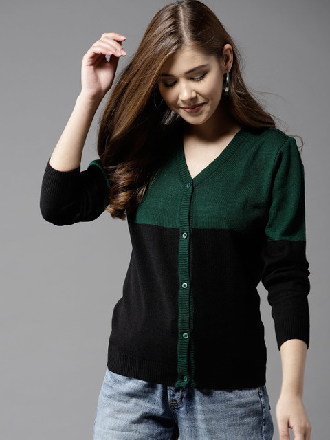 

HERE&NOW Women Black & Green Colourblocked Cardigan