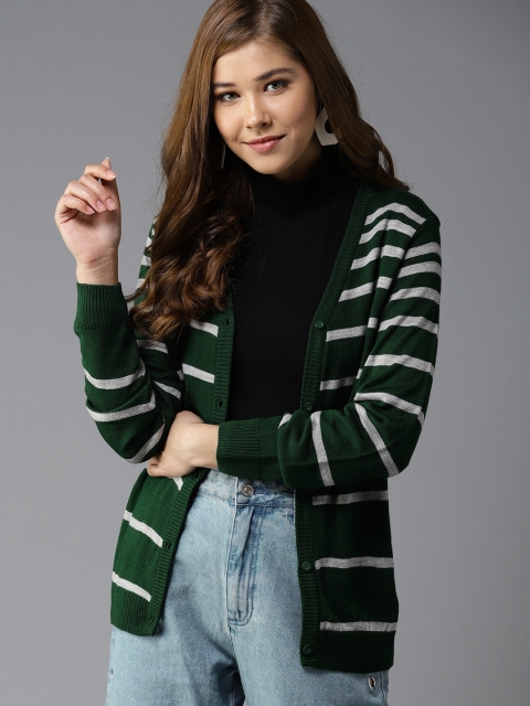 

HERE&NOW Women Green & Grey Melange Striped Cardigan
