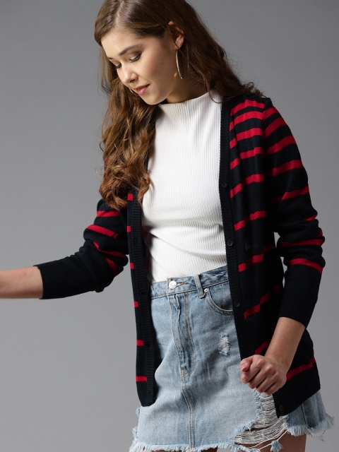 

HERE&NOW Women Navy Blue & Red Striped Cardigan