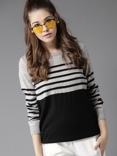 

HERE&NOW Women Grey Melange & Black Striped Pullover