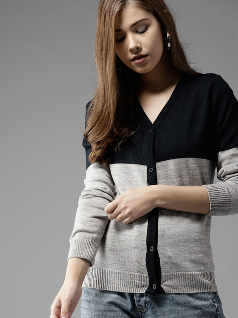 

HERE&NOW Women Grey Melange & Black Colourblocked Cardigan