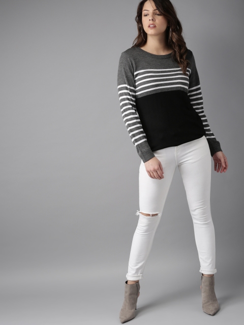 

HERE&NOW Women Grey & Black Striped Pullover