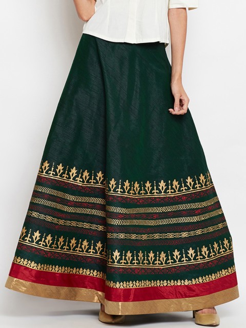 

studio rasa Women Green & Golden-Coloured Printed Maxi Skirt