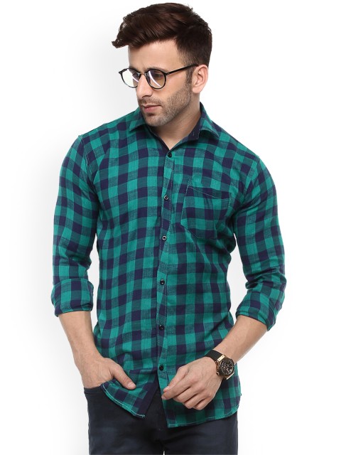 

hangup trend Men Sea Green & Navy Blue Regular Fit Checked Casual Shirt