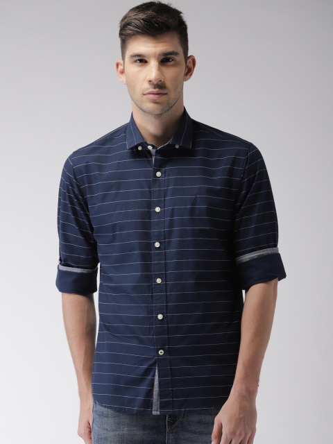 

Nautica Men Navy Blue & White Slim Fit Striped Casual Shirt