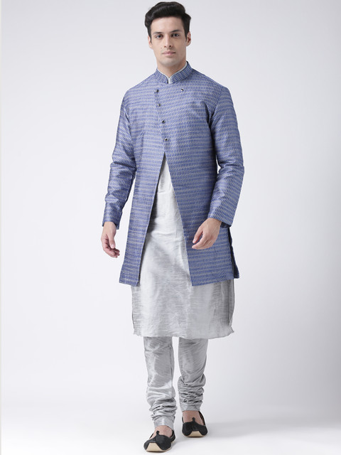 

DEYANN Men Blue & Silver-Coloured Sherwani Set