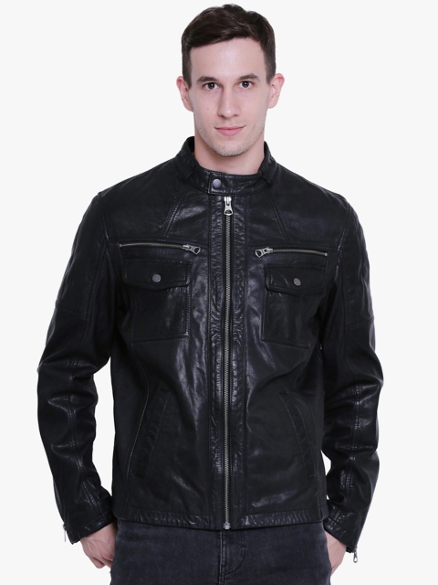 

Justanned Men Black Solid Leather Biker Jacket