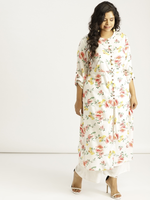 

Sztori Plus Size Women White Floral Printed A-Line Kurta