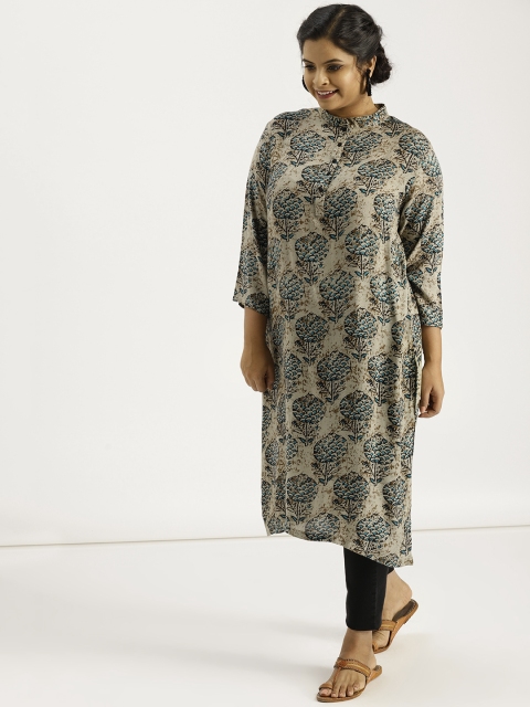 

Sztori Plus Size Women Beige Blue Printed Straight Kurta